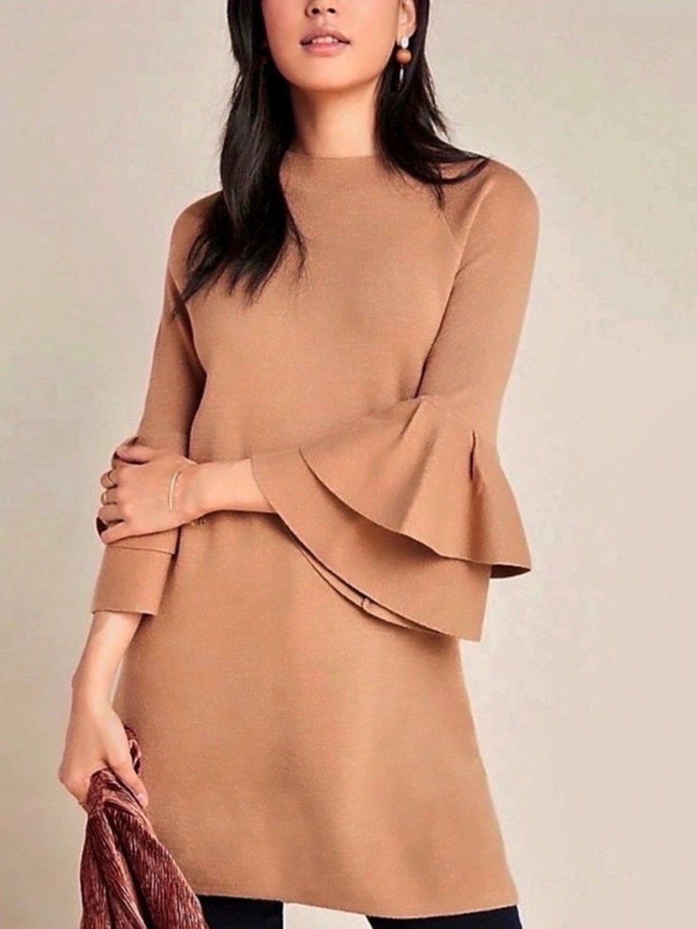 Anthropologie Metallic Gold Sweater Dress L Bell Ruffle Sleeve Holiday Party
